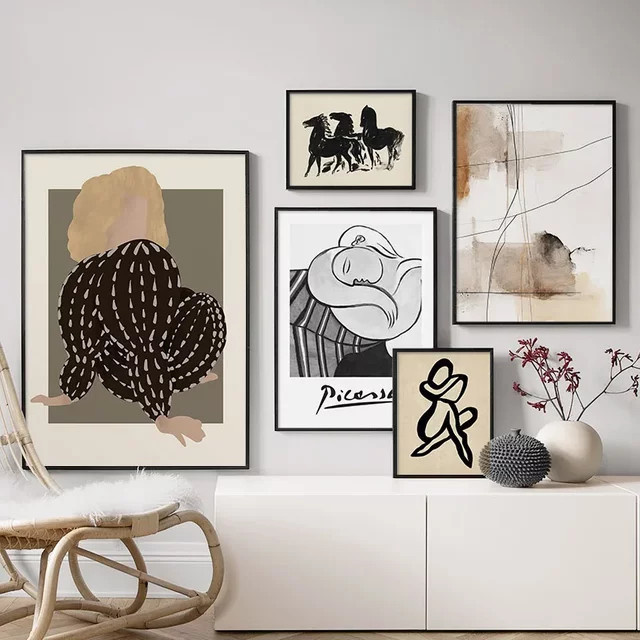 Potdemiel Vintage Leinwand Wandkunst mit abstraktem Frauen- und Pferdemotiv im Picasso-Stil für dein Wohnzimmer - Bild 1