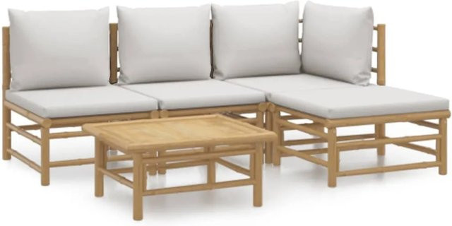 vidaXL 5-tlg Garten-Lounge-Set aus Bambus mit hellgrauen Kissen in L-Form - Bild 1