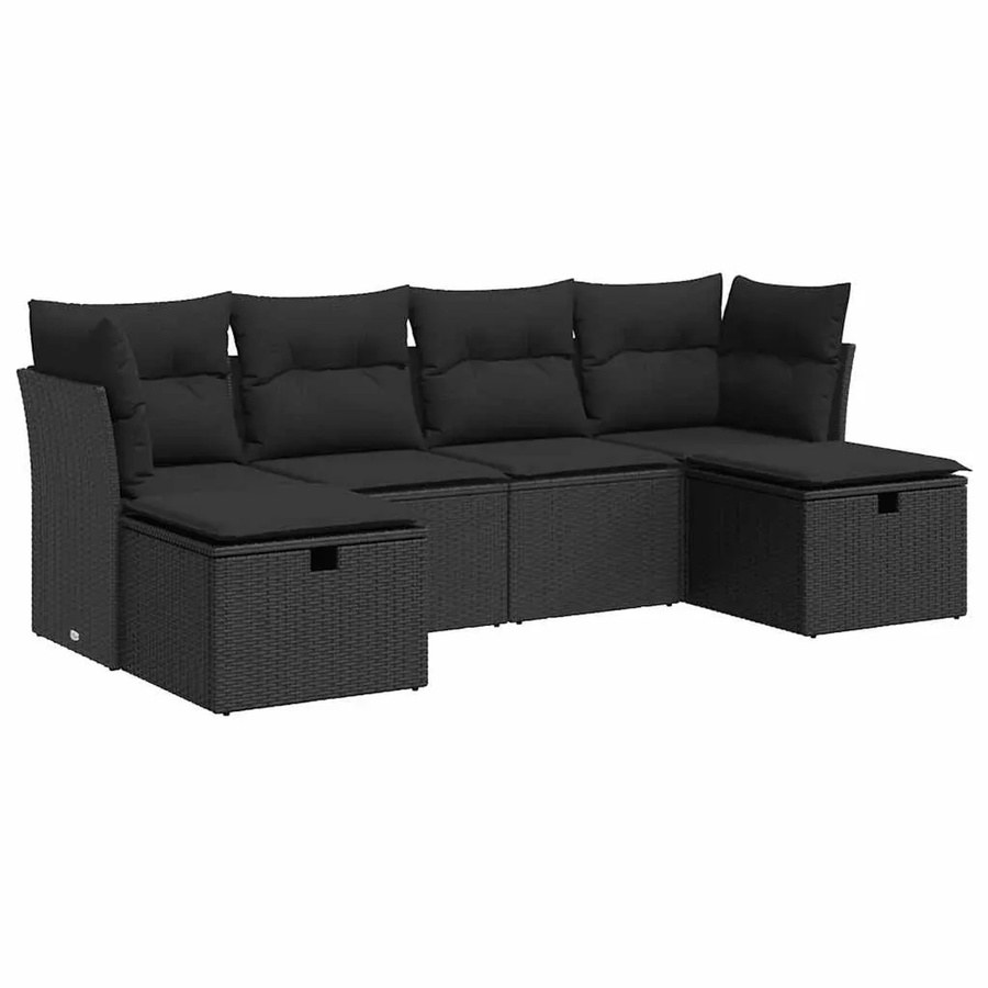 vidaXL 6-tlg. Garten-Sofagarnitur in L-Form aus Polyrattan mit Kissen, Schwarz - Bild 2