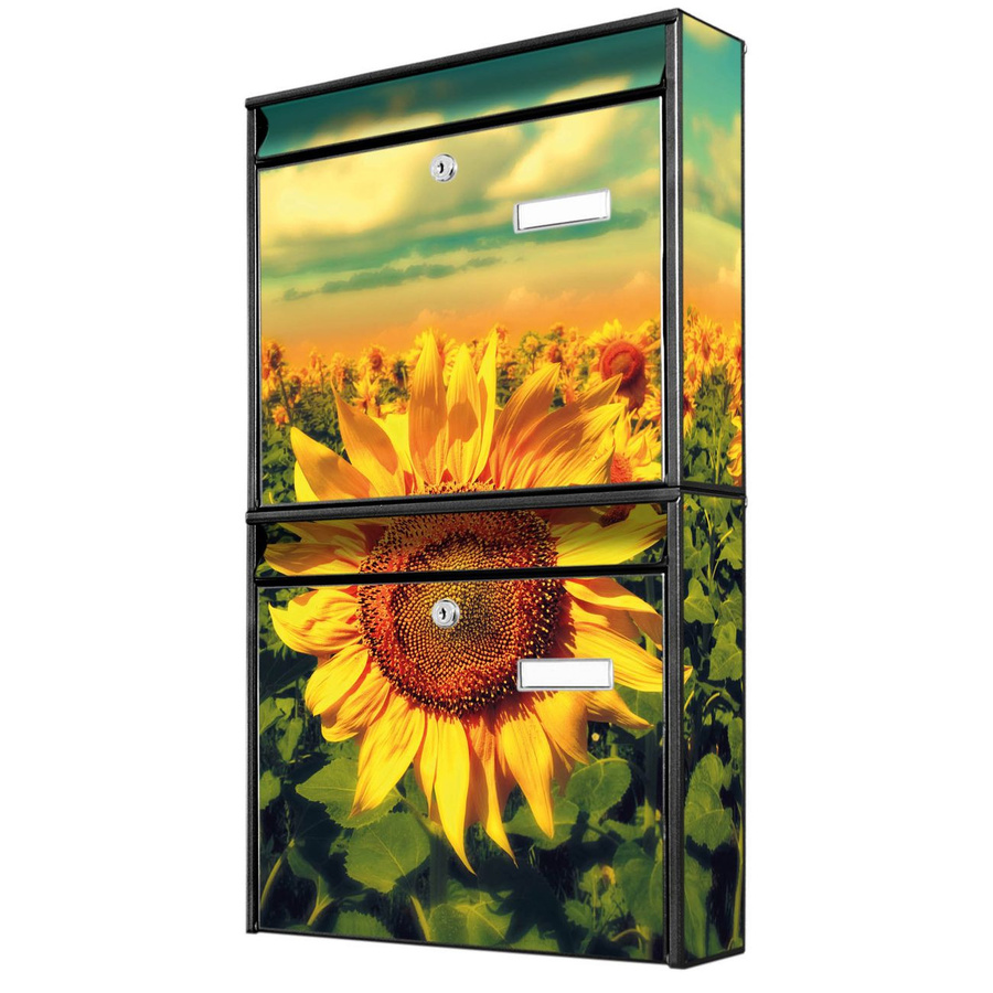 banjado Burg Wächter Doppelbriefkastenanlage in Schwarz mit Sonnenblumen-Motiv, erweiterbar, B/H/T: 64,5 x 36,2 x 10,0 cm - Bild 1
