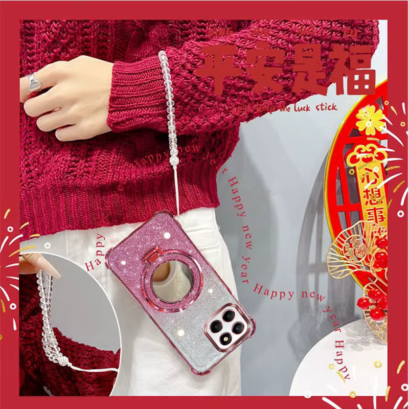 Stoßfeste Handyhülle mit Glitzer-Effekt, Spiegelständer und Perlenarmband für Huawei Honor 70 Lite, X8 5G, X6 und X6s in Schwarz oder Pink - Bild 2