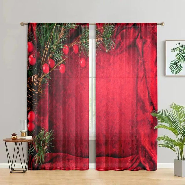 2er-Set Weihnachtliche Vorhänge mit Kiefernzweig-Motiv in Rot, semi-transparent, B: 150 cm, H: 166 cm - Bild 1