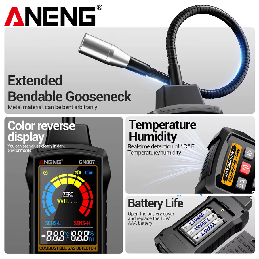 ANENG GN807 Gasmessgerät zur Erkennung brennbarer Gase mit Ton- und Lichtalarm, Messbereich 50 bis 10000 PPM Methan - Bild 3