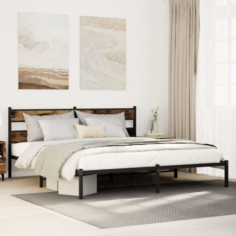 Metallbett Vidaxl im Industrial Design aus Metall und Holzwerkstoff in Schwarz und Räuchereiche, B/T/H: 180 x 200 x 91,5 cm - Bild 1