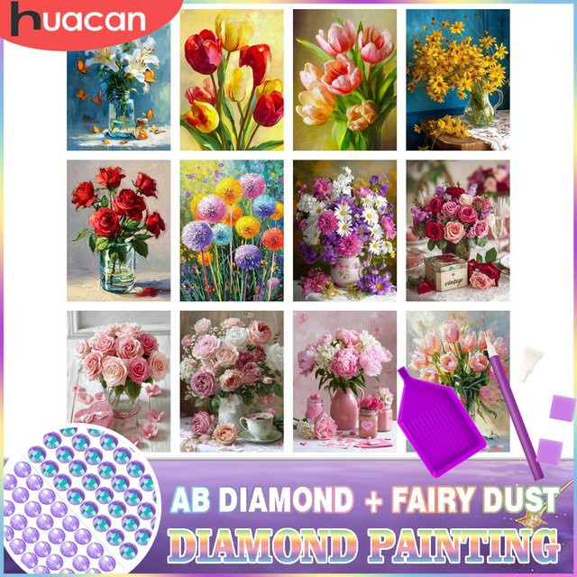 HUACAN Diamant-Mosaik-Set mit floralem Rosenblüten- und Pfingstrosenmuster, 5D Komplettset mit AB Feenstaub-Bohrern in Multicolour, B/H: 30,0 x 20,0 cm - Bild 1