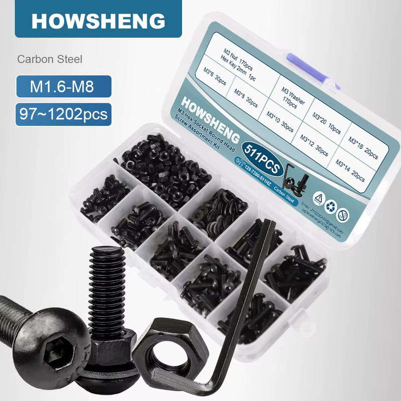 HSK Schrauben Set mit Muttern und Unterlegscheiben aus Stahl, Schwarz, Güteklasse 12.9, Innensechskant-Halbrundkopfschrauben Kit (M1.6 bis M8) - Bild 5