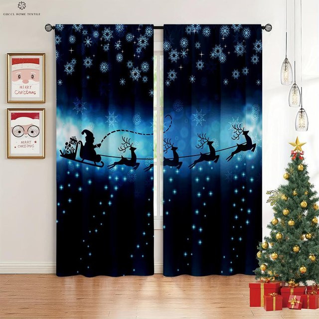 Weihnachtsvorhänge mit Schneemann- und Kamin-Motiv in Rot und Blau, 2er-Set mit Ösen, Breite: 50 cm, Höhe: 130 cm - Bild 1