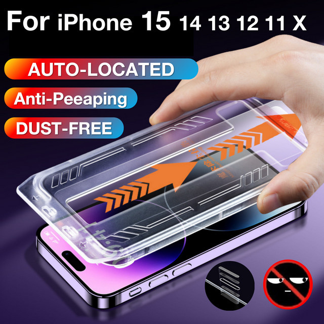 Anti-Spy Displayschutz aus gehärtetem Glas für Apple iPhone 15 14 13 12 11 Pro Max Plus XR XS X inklusive Installationsset, transparent - Bild 1