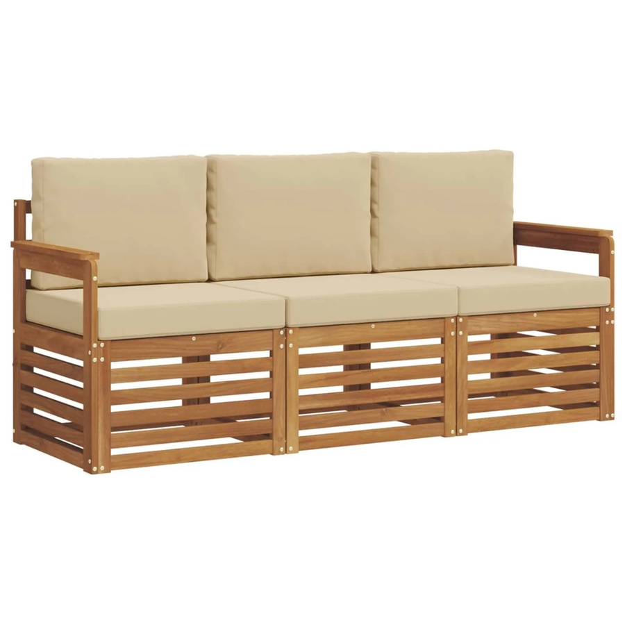 vidaXL 3-teilige Sofagarnitur aus Massivholz Akazie in Natur und Beige mit Sitz- und Rückenkissen im modernen Latten-Design - Bild 2
