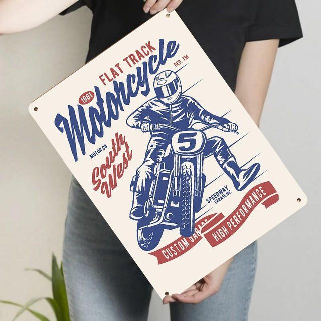 XJJ TIN SIGN Vintage Flat Track Motorrad Metall Wandkunst im Southwest Stil, Blau, B x H: 30 x 20 cm - Bild 1