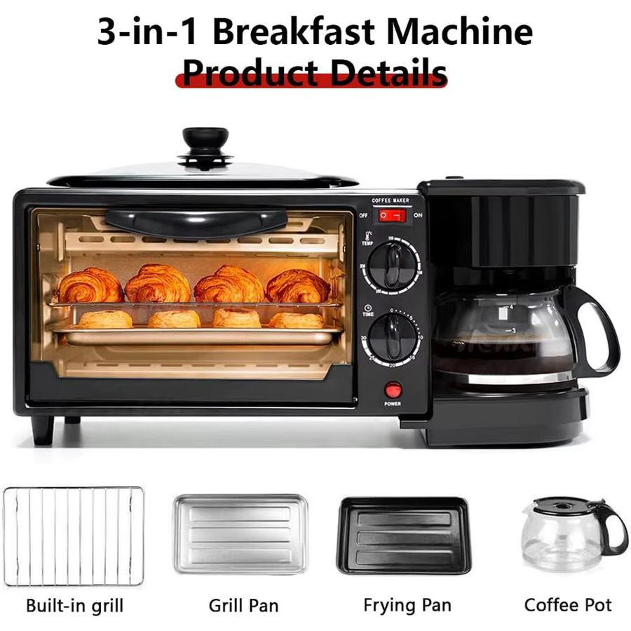 HGTUGO 3-in-1 Frühstücksmaschine in Schwarz mit Isolierbehälter, Kaffeemaschine und Backgerät für Kuchen, Steak oder Wurst - Bild 1