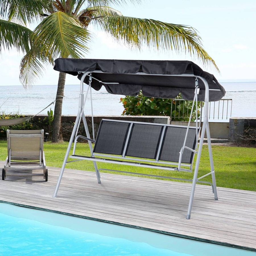 Outsunny Hollywoodschaukel für 3 Personen aus Metall mit UV-beständigem Sonnendach in Schwarz, B/T/H: 170 x 110 x 153 cm - Bild 3