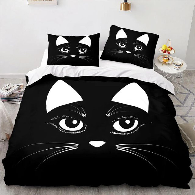 Bettwäscheset mit Katzen-Motiv von Binchi Outdoor Product, 3D-Druck Design, Farbe Schwarz, Set bestehend aus Bettbezug und Kissenbezug, Breite: 135 cm, Länge: 200 cm - Bild 1