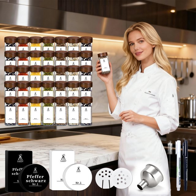 SAEIV Glas-Gewürzgläser-Set transparent mit wasserfesten Etiketten und Schraubverschluss, 120 ml pro Glas - Bild 1