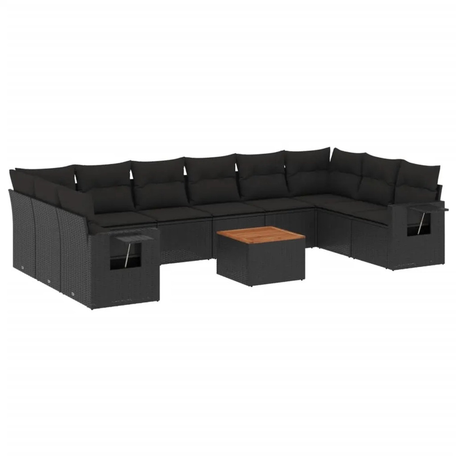 vidaXL 11-tlg. Garten-Sofagarnitur in U-Form aus Polyrattan und Akazienholz mit Kissen in Schwarz - Bild 2