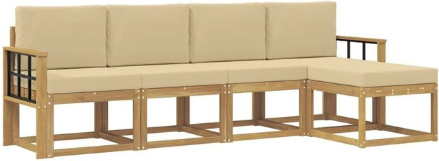 vidaXL Outdoor-Sofagarnitur aus Akazienholz in L-Form, 5-teiliges Set mit Kissen in Weiß und Beige - Bild 1