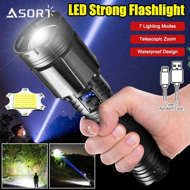 ASORT Hochleistungs-XHP360 Taschenlampe mit Doppel-Lichtquelle und 7 Beleuchtungsmodi, wiederaufladbare LED Laterne in Schwarz - Bild 1