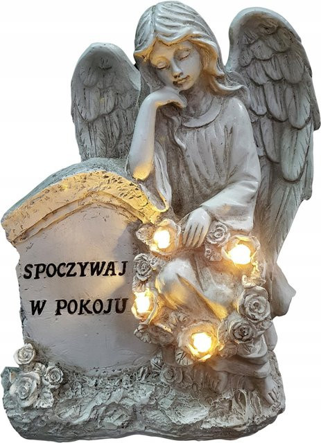 LED Grabkerze Schutzengel Ruhen in Frieden aus Alabaster und Harz, Höhe: 21,5 cm - Bild 1