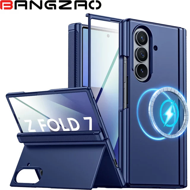 Magnetische Samsung Galaxy Z Fold 7 Handyhülle mit integriertem 9H Glas-Displayschutz, Scharnierschutz und verstecktem Ständer in Blau - Bild 1
