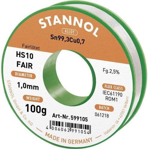 Stannol HS10-Fair Lötzinn Spule Sn99,3Cu0,7 ROM1, Farbe: Silber, Durchmesser: 1 mm, Gewicht: 100 g - Bild 1