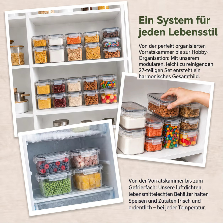 PNNP 27er Vorratsdosen Set aus Kunststoff mit Deckel, luftdichte und auslaufsichere Frischhaltedosen in Transparent, inklusive 30 Etiketten und Kreidestift, Set-Inhalt: 9x 0,8 l, 9x 320 ml, 9x 240 ml - Bild 5