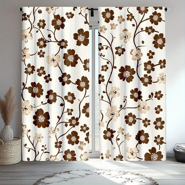 Tonnika Chen Set aus 2 lichtblockierenden Vorhängen mit floralem geometrischem Blumenmuster in Beige und Braun, Breite: 100 cm, Höhe: 70 cm - Bild 1