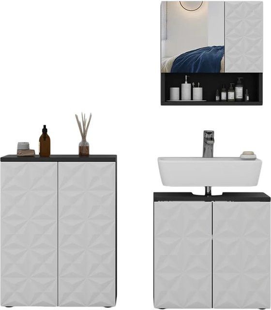 Vicco Badmöbel-Set Edge modern in Schwarz und Weiß bestehend aus Spiegelschrank, Waschbeckenunterschrank und Badezimmerkommode - Bild 2