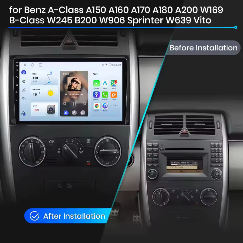 Junsun 9-Zoll Android 15 Autoradio für Mercedes Benz W169 W245 B200 W906 Sprinter W639 Vito in Schwarz mit kabellosem CarPlay, Android Auto, GPS, WiFi, 4G und Bluetooth - Bild 2