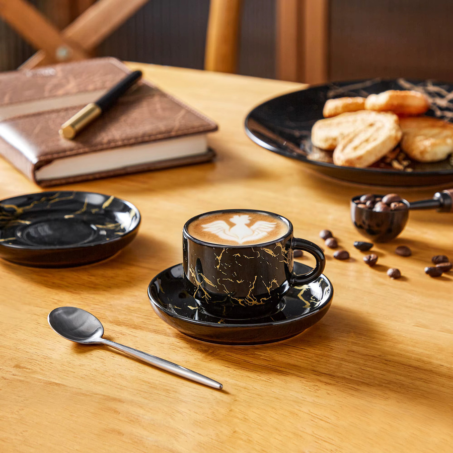 Malacasa Porzellan Tassenset in Schwarz-Weiß mit Untertassen und Metallständer für Cappuccino, Espresso und Latte, 6/12-teilig - Bild 5