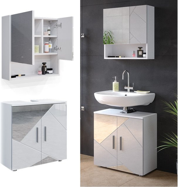 Vicco Badmöbelset Irma Weiß Hochglanz in modernem Design mit 2 Teilen und Unterschrank Breite: 60 cm - Bild 1