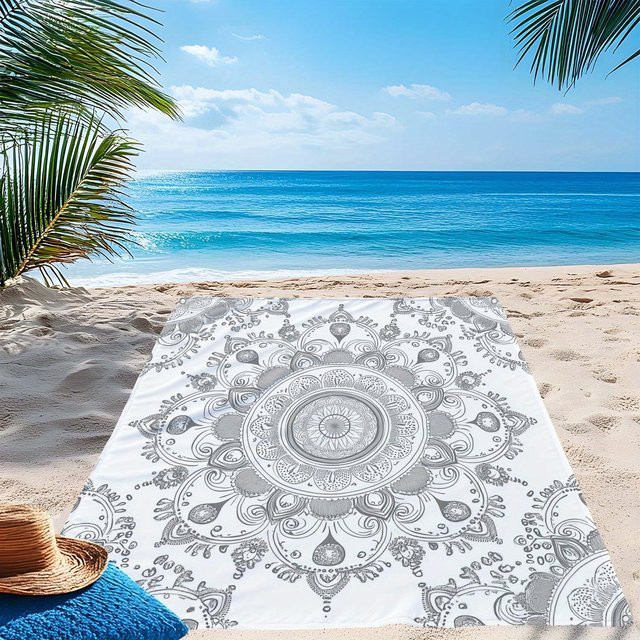 VIKAMA Bohemian Style Strandmatte mit Mandala-Muster in Grau-Weiß, sandabweisende Picknickdecke für Strand und Camping, faltbar - Bild 1