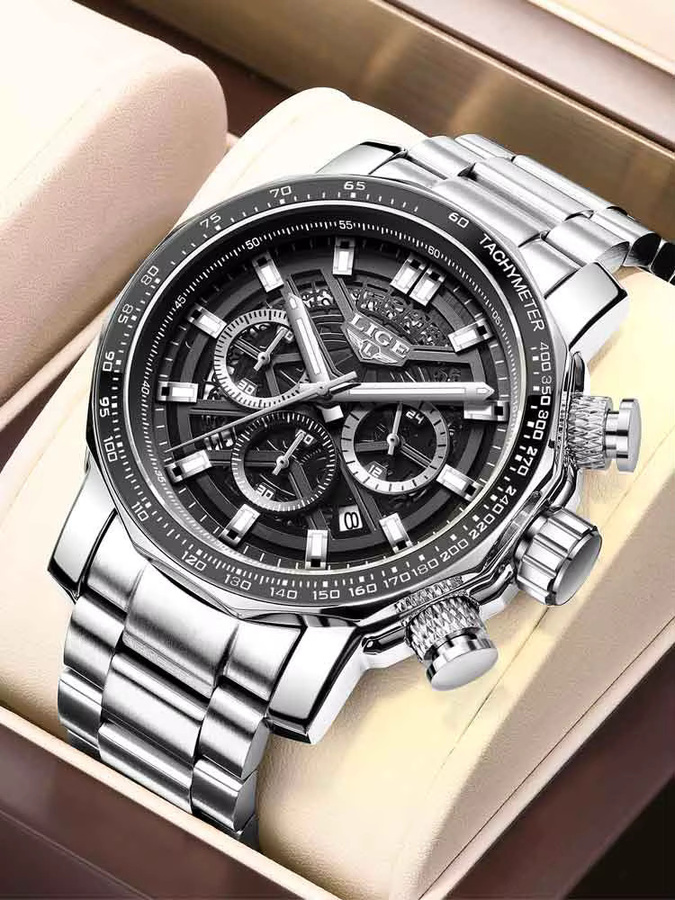LIGE Chronograph, Edelstahl, Quarz, Herren, Schwarz, Silber - Bild 7