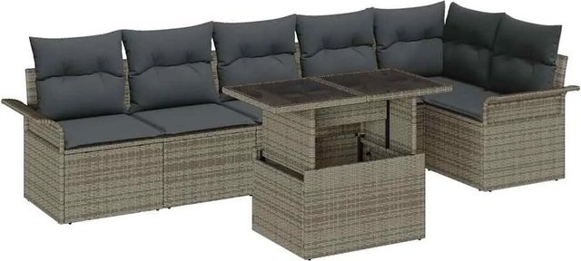vidaXL Garten-Sofa-Set aus Poly-Rattan in Grau, 7-teiliges L-Shape Lounge-Set mit Ecksofa, Mittelsofa, Sesseln, Tisch und integriertem Kissen-Speicher sowie UV-beständigen Polstern - Bild 1