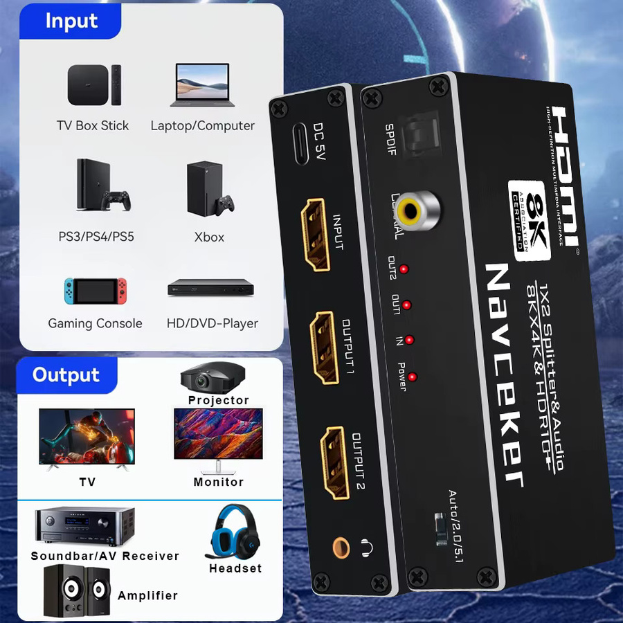 Navceker HDMI Splitter 1x2 und Audio Extractor in Schwarz mit optischem Ausgang für 8K, 4K 120Hz, kompatibel mit Apple TV, Xbox und PS5 - Bild 5