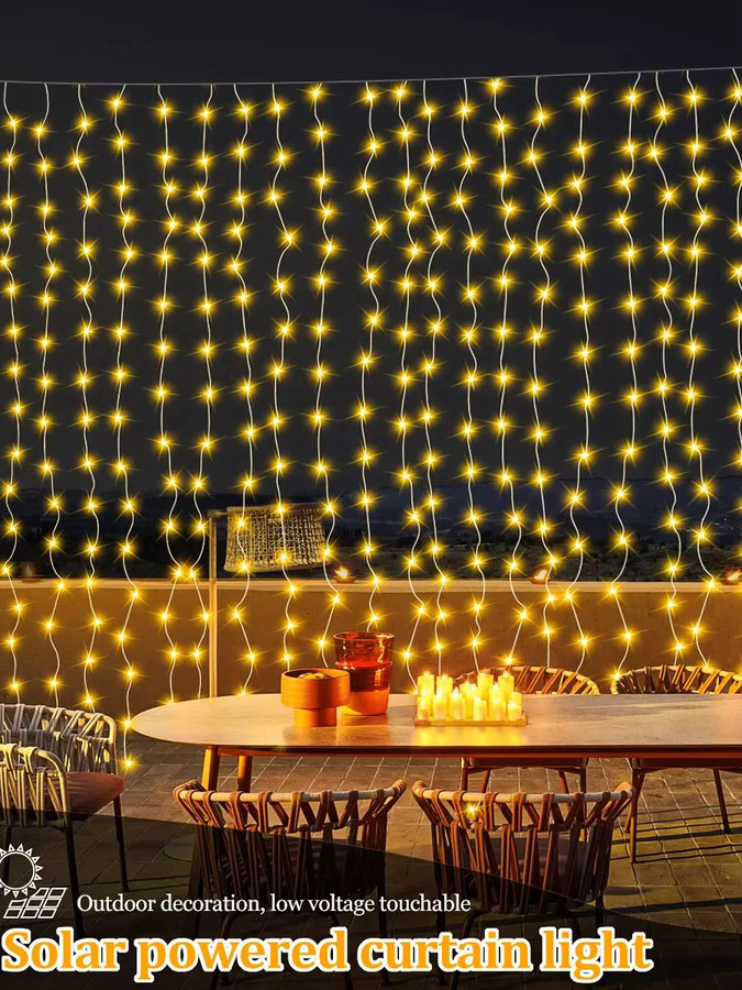 OSIDEN Solar LED Hof-Vorhang-Lichterkette mit 300 LEDs in Warmweiß, wasserdicht mit 8 Modi für Garten und Außenbereich - Bild 7