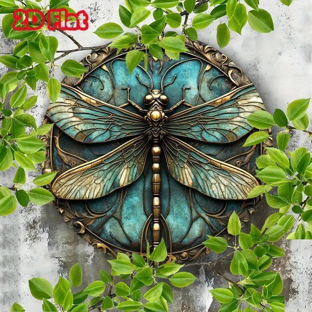 LibelleVintageArt Rundes Metallschild Vintage-Libellen Wandkunst in Blaugrün und Goldfarben - Bild 1