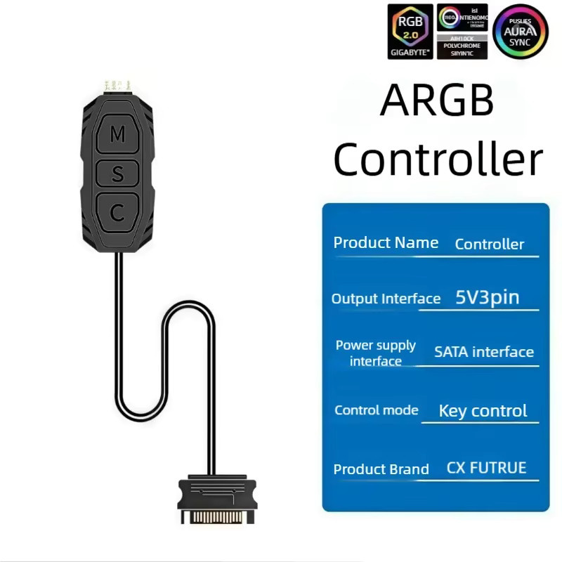 AuyiHomu 5V 3-Pin ARGB Gehäusebeleuchtungs-Controller mit 3 Tasten für LED-Streifen und Lüfter, Schwarz/Multicolor - Bild 3