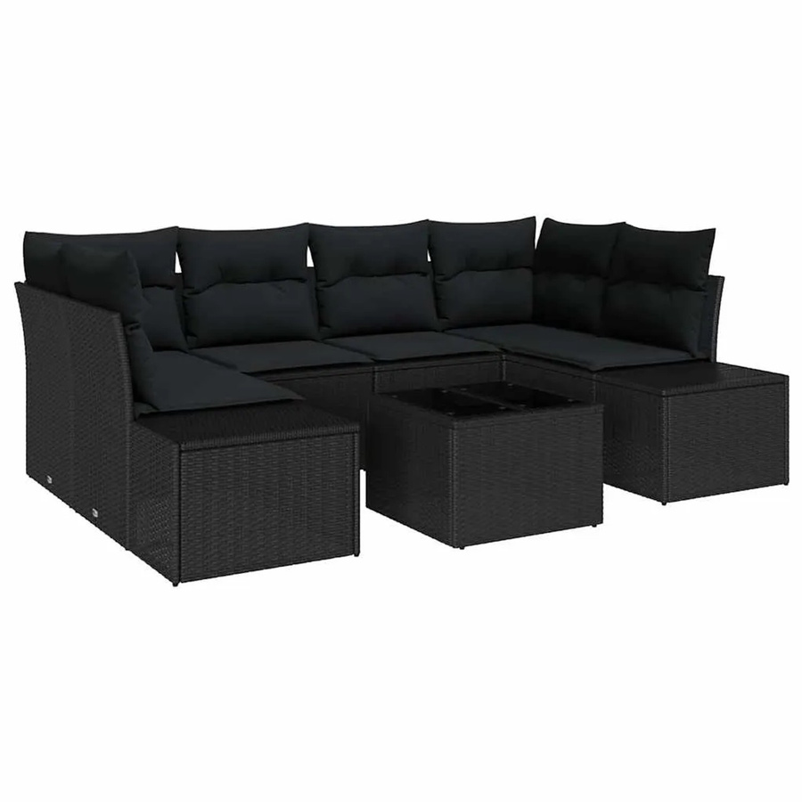 vidaXL Garten-Sofa-Set 7-teilig aus Poly Rattan in Schwarz mit Polsterkissen in U-Form - Bild 2