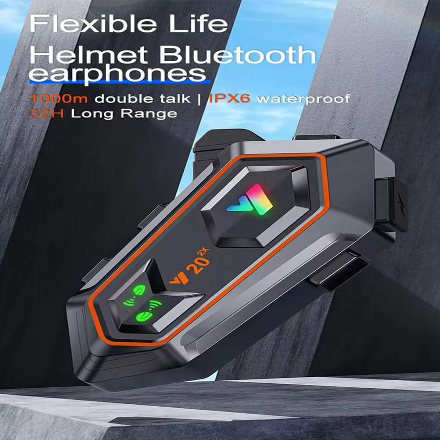 XINOWY Y20-2X Motorradhelm Bluetooth Headset mit 2-Fahrer Intercom, 1000m Reichweite, BT 5.0, Sprachassistent, Musik-Player und RGB-Licht, IPX6 Wasserdicht, Schwarz - Bild 2