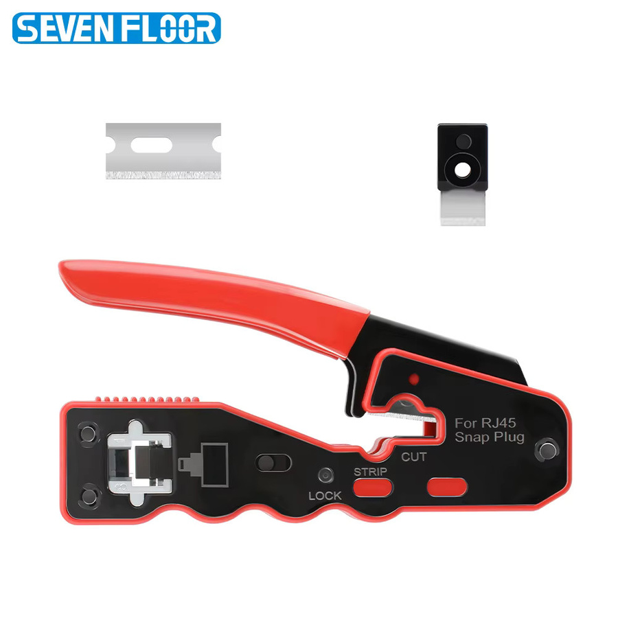 Seven Floor Cat6 Pass-Through RJ45 Crimpzange in Rot mit Abisolier- und Schneidefunktion sowie austauschbaren Klingen als multifunktionales Ethernet-Kabelwerkzeug - Bild 1