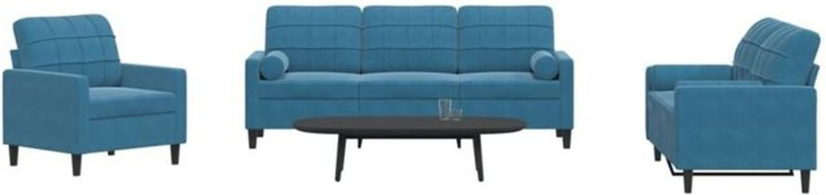 Vidaxl 3-tlg. Sofagarnitur aus Samt mit Kissen und Nackenrollen in Blau mit Metallgestell im modernen Design - Bild 1