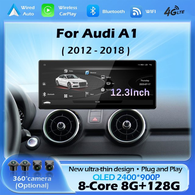QiumianNavi Ultradünnes kabelloses CarPlay Android 16 Multimedia-Radio für Audi A1 2012 - 2018 mit DSP Stereo, Navigation, GPS und Wi-Fi in Schwarz - Bild 1