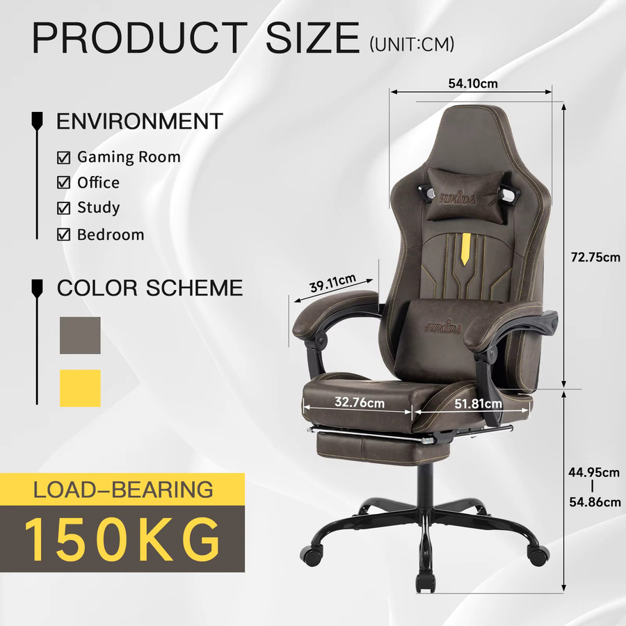 SUKIDA Ergonomischer Gaming-Stuhl mit Fußstütze und Lendenwirbelstütze, höhenverstellbarer Computer-Bürostuhl aus Kunstleder mit Armlehnen, Farben: Schwarz oder Braun - Bild 2