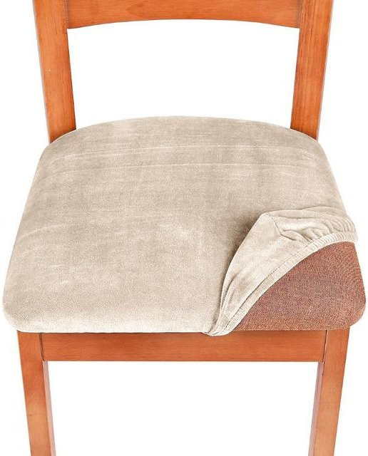 Elastischer Stuhlbezug aus Samt in Beige für Esszimmerstühle - Bild 1