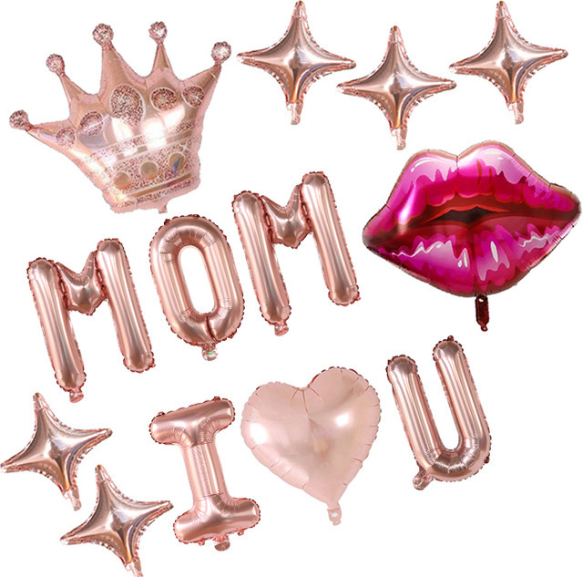 YAYB 13-teiliges Set Folienballons für Muttertag mit Krone und Schriftzug MOM ICH Liebe Dich in Pink - Bild 1