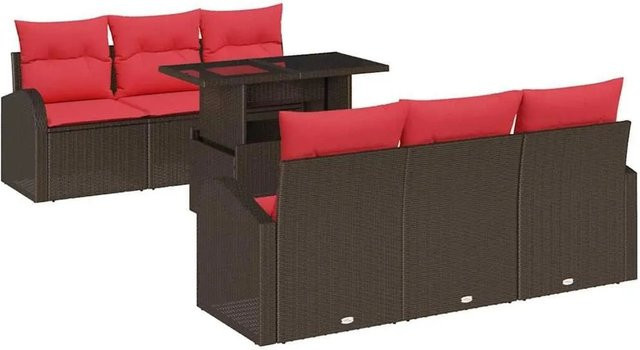 vidaXL Gartenmöbel-Set aus Polyrattan in L-Form mit 7-teiligem Polster-Set und Couchtisch in Braun - Bild 1