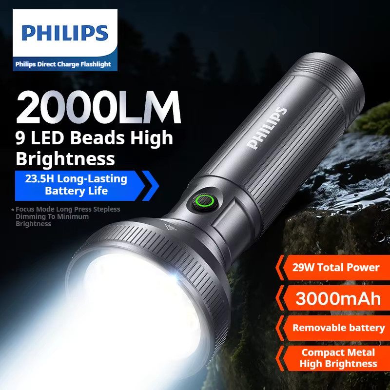 Philips SFL6252 Hochleistungs-LED-Taschenlampe in Schwarz mit 9 Lampenperlen, wiederaufladbare Camping-Taschenlampe aus Aluminium und Kunststoff - Bild 2