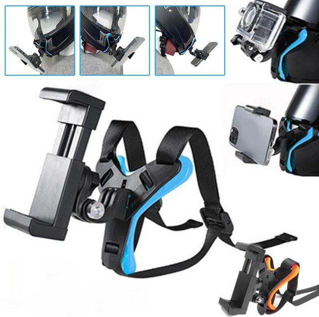 Motorradhelm Kinnriemen Halterung mit Handy Clip für GoPro Hero 11 10 9 Action Kamera in Schwarz - Bild 1