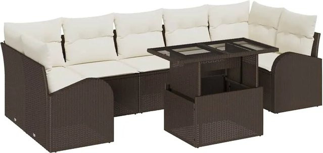 vidaXL 8-teiliges Garten-Sofa-Set aus Poly-Rattan in Braun mit beigen Kissen und Tisch im L-Shape Design - Bild 1