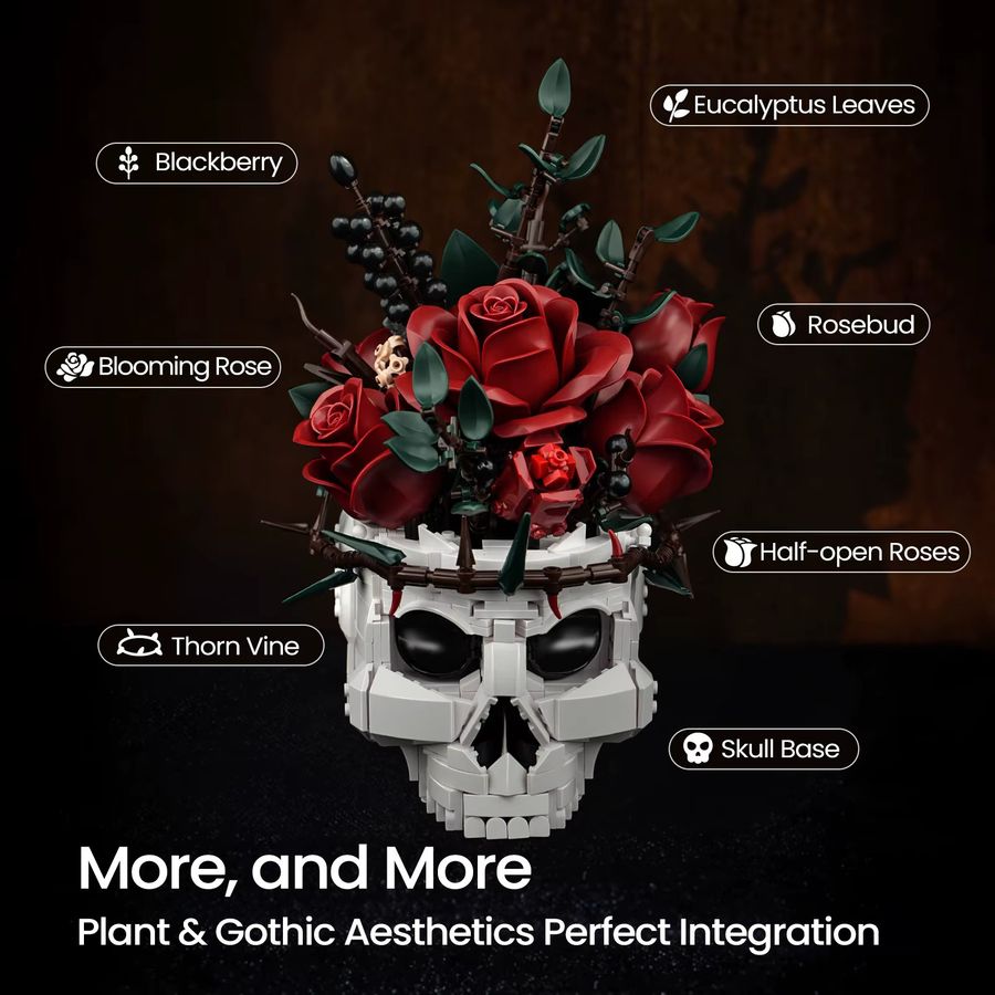 SupreOwls Totenkopf-Blumen Baustein-Set mit gotischem Rosenstrauß und Skelett-Blumentopf als dekoratives Sammlerstück für Erwachsene - Bild 2